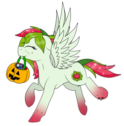 Size: 589x602 | Tagged: safe, artist:katarikat, oc, oc only, oc:watermelana, pony, candy, eyes closed, floppy ears, food, freckles, gradient hooves, halloween, holiday, jack-o-lantern, pumpkin, pumpkin bucket, running, simple background, solo, transparent background, ych result