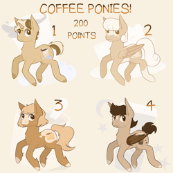 Size: 2500x2500 | Tagged: safe, artist:reverseau, oc, oc only, bat pony, earth pony, pegasus, pony, unicorn, adoptable, adopts, coffee, cutie mark background, premium content, unnamed oc