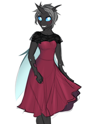 Size: 678x876 | Tagged: safe, artist:askbubblelee, oc, oc only, oc:imago, anthro, changeling, alternate universe, anthro oc, blushing, changeling oc, clothes, colored sketch, curved horn, cute, cute little fangs, cuteling, dress, fangs, female, folded wings, horn, lace, looking at you, ocbetes, short hair, simple background, smiling, solo, willowverse, wings