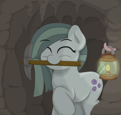 Size: 2100x2000 | Tagged: safe, artist:ljdamz1119, marble pie, earth pony, pony, cave, eyes closed, female, lamp, mare, mouth hold, pickaxe, smiling, solo