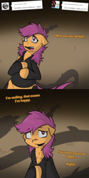 Size: 750x1500 | Tagged: safe, artist:conmanwolf, scootaloo, pony, fanfic:rainbow factory, ask factory scootaloo, clothes, comic, factory scootaloo, floppy ears, shadow, static