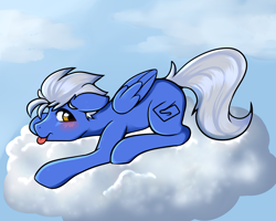 Size: 3000x2400 | Tagged: safe, artist:billysan727, artist:mimisaurusrex, oc, oc only, oc:scrib, pegasus, pony, collaboration, cloud, lying down, male, sky, stallion, tongue out