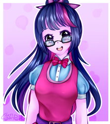 Size: 1066x1200 | Tagged: safe, artist:wolfchen999, sci-twi, twilight sparkle, equestria girls, clothes, cute, female, glasses, looking at you, open mouth, ponytail, shirt, smiling, solo, twiabetes, vest