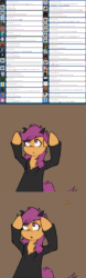 Size: 1271x4071 | Tagged: safe, artist:conmanwolf, scootaloo, pony, fanfic:rainbow factory, animated, ask factory scootaloo, clothes, comic, devil horns, factory scootaloo, gif, horns, vulgar