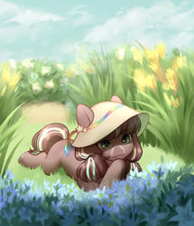 Size: 2696x3131 | Tagged: safe, artist:aphphphphp, oc, oc only, earth pony, pony, female, hat, mare, scenery, solo