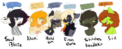 Size: 1280x519 | Tagged: safe, artist:oddends, oc, oc only, oc:alani, oc:hold on, oc:six corrupted, oc:soul blaze, oc:stitches needlekit, pony