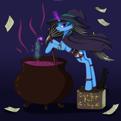 Size: 3000x3000 | Tagged: safe, artist:alicekvartersson, oc, oc only, oc:silver lining, black cat, book, cauldron, clothes, costume, jewelry, knife, magic, potion, potion making, recipe, solo, witch, ych result