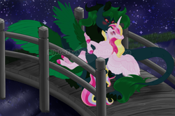 Size: 1125x750 | Tagged: safe, artist:bijutsuyoukai, oc, oc only, oc:aurelia charm, oc:zae fervor, alicorn, draconequus, pony, alicorn oc, blushing, bridge, female, kissing, male, mare, oc x oc, shipping, straight, watermark, zaelia