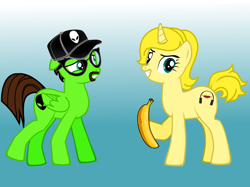 Size: 3276x2446 | Tagged: safe, artist:grapefruitface1, alien, pony, pony creator, asmr, awkward, awkward moment, banana, cloveress asmr, elvis the alien, food, parody, ponified, scared, youtuber