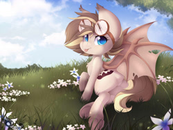 Size: 1500x1125 | Tagged: safe, artist:teranen, oc, oc only, oc:cogwheel, bat pony, pony, bat pony oc, blue eyes, built in socks, colored pupils, commission, female, flower, goggles, grass, mare, outdoors, sky, socks (coat marking), solo, tongue out, tree, underhoof