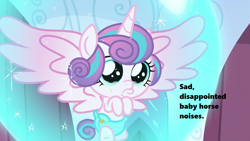 Size: 1280x720 | Tagged: safe, edit, edited screencap, screencap, princess flurry heart, pony, season 6, the crystalling, about to cry, baby, baby pony, bubble, cloth diaper, cute, descriptive noise, diaper, diapered, diapered filly, female, filly, flurrybetes, foal, horse noises, light pink diaper, meme, sad, safety pin, solo, teary eyes