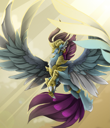 Size: 2177x2520 | Tagged: safe, artist:taiga-blackfield, stratus skyranger, classical hippogriff, hippogriff, my little pony: the movie, armor, chest fluff, crepuscular rays, ear fluff, flying, guard, helmet, large wings, male, smiling, solo, spread wings, wings