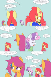 Size: 1600x2400 | Tagged: safe, artist:jake heritagu, apple bloom, scootaloo, sweetie belle, pony, comic:ask motherly scootaloo, blushing, clothes, comic, hairpin, motherly scootaloo, sweatshirt