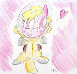 Size: 697x670 | Tagged: safe, artist:ptitemouette, oc, oc only, oc:puppysmiles, earth pony, pony, fallout equestria, fallout equestria: pink eyes, fanfic, fanfic art, female, filly, foal, hazmat suit, heart, helmet, hooves, open mouth, saddle bag, solo, spacesuit, traditional art