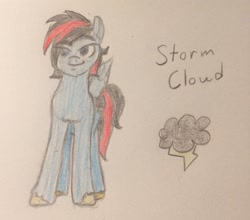 Size: 2048x1802 | Tagged: safe, artist:pumpkinpie59, oc, oc only, oc:storm cloud, pegasus, pony, male, next generation, offspring, parent:quibble pants, parent:rainbow dash, parents:quibbledash, stallion, traditional art