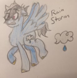 Size: 2028x2048 | Tagged: safe, artist:pumpkinpie59, oc, oc only, oc:rain storm, pegasus, pony, glasses, male, next generation, offspring, parent:quibble pants, parent:rainbow dash, parents:quibbledash, solo, stallion, traditional art