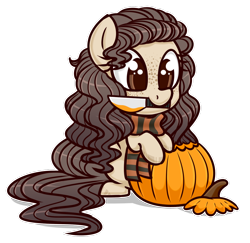 Size: 1024x995 | Tagged: safe, artist:whitehershey, oc, oc only, oc:lumina, pony, clothes, female, halloween, holiday, knife, mare, mouth hold, pumpkin, pumpkin carving, scarf, simple background, solo, transparent background
