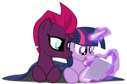 Size: 2982x1976 | Tagged: safe, artist:aaronmk, fizzlepop berrytwist, tempest shadow, twilight sparkle, pony, unicorn, my little pony: the movie, blanket, book, broken horn, female, horn, magic, mare, shipping, simple background, tempestlight, transparent background, vector