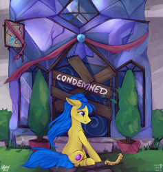 Size: 1800x1900 | Tagged: safe, artist:varllai, oc, oc only, oc:tori, earth pony, pony, blue eyes, blue mane, crown, crying, jewelry, regalia, sad, shop, sitting, tree, yellow fur