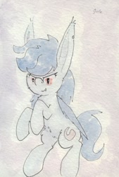 Size: 688x1019 | Tagged: safe, artist:slightlyshade, nightshade, bat pony, pony, bat pony oc, female, glare, large ears, mare, rearing, signature, slit eyes, solo, species swap, traditional art