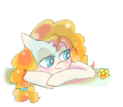 Size: 981x856 | Tagged: safe, artist:pinkablue, pear butter, earth pony, pony, the perfect pear, blushing, buttercup, female, mare, pom pom, solo