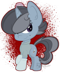 Size: 698x832 | Tagged: safe, artist:binkyt11, oc, oc only, oc:nurse bloodlust, pony, unicorn, blood, chest fluff, chibi, ear fluff, female, mare, mistake, nurse, simple background, solo, transparent background, watermark