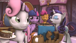 Size: 3840x2160 | Tagged: safe, artist:goatcanon, button mash, rarity, scootaloo, sweetie belle, twilight sparkle, twilight sparkle (alicorn), alicorn, pony, unicorn, 3d, carousel boutique, cheese, commission, cooking, eyes closed, food, grin, playing dead, smiling, source filmmaker