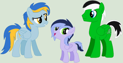 Size: 825x424 | Tagged: safe, artist:lost-our-dreams, oc, oc only, oc:moondust, oc:rick dash, pegasus, pony, female, gray background, grin, male, mare, offspring, open mouth, raised eyebrow, simple background, smiling, smirk, stallion