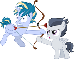 Size: 11658x9288 | Tagged: safe, artist:illumnious, rumble, skeedaddle, pegasus, pony, unicorn, marks and recreation, absurd resolution, bow (weapon), colt, duo, hoof hold, male, plunger, simple background, transparent background, vector