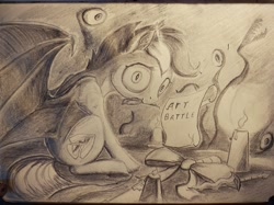 Size: 900x672 | Tagged: safe, artist:ponsce, oc, oc only, bat pony, pony, bow, candle, female, mare, monochrome, mouth hold, quill, scroll, sitting, solo, tabun art-battle, traditional art