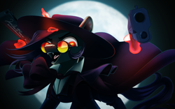 Size: 1920x1198 | Tagged: safe, artist:taneysha, oc, oc:lavrushka, pony, unicorn, alucard, anime, clothes, crossover, duality, fangs, female, full moon, glasses, glowing horn, gun, hat, hellsing, mare, moon, weapon