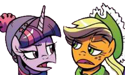 Size: 269x161 | Tagged: safe, artist:brendahickey, idw, applejack, twilight sparkle, twilight sparkle (alicorn), alicorn, earth pony, pony, spoiler:comic, spoiler:comicholiday2017, background removed, beanie, bust, clothes, duo, hat, quality, scarf, simple background, sweater, transparent background