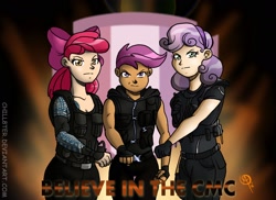 Size: 2014x1464 | Tagged: safe, artist:chillguydraws, apple bloom, scootaloo, sweetie belle, human, equestria girls, body armor, clothes, cutie mark crusaders, dark skin, dean ambrose, female, fingerless gloves, gloves, humanized, roman reigns, seth rollins, sports, tattoo, the shield, the shield (stable), trio, vest, wrestling, wwe