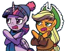 Size: 213x165 | Tagged: safe, artist:brendahickey, edit, idw, applejack, twilight sparkle, twilight sparkle (alicorn), alicorn, earth pony, pony, spoiler:comic, spoiler:comicholiday2017, background removed, beanie, clothes, crossed arms, duo, hat, nope, scarf, simple background, sweater, transparent background