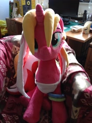 Size: 2448x3264 | Tagged: safe, artist:nazegoreng, oc, oc only, oc:starsweep sweetsky, pony, armchair, computer, irl, looking at you, photo, plushie, sitting, smiling