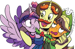 Size: 663x436 | Tagged: safe, artist:brendahickey, edit, idw, applejack, flam, twilight sparkle, twilight sparkle (alicorn), alicorn, earth pony, pony, spoiler:comic, spoiler:comicholiday2017, background removed, clothes, hat, hug, one eye closed, scarf, side hug, simple background, sweater, transparent background