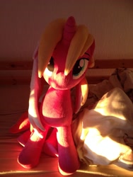 Size: 2448x3264 | Tagged: safe, artist:nazegoreng, oc, oc only, oc:starsweep sweetsky, pony, bed, bedsheets, irl, looking at you, photo, plushie, sunshine