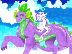 Size: 821x620 | Tagged: safe, artist:frozensoulpony, spike, oc, oc:lacy, dracony, dragon, hybrid, bowtie, father and child, father and daughter, female, male, older, parent and child, parent:diamond tiara, parent:spike, parents:spiketiara, traditional art
