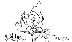 Size: 2453x1447 | Tagged: safe, artist:chiptunebrony, scorpan, spike, dragon, 30 minute art challenge, black and white, book, boulder, cursive writing, cute, grayscale, handwritten text, ink, looking down, lying, monochrome, open mouth, reading, rock, signature, smiling, spikabetes, title