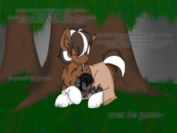 Size: 1600x1200 | Tagged: safe, artist:taletrotter, oc, oc only, oc:graye, oc:smoores, dragon, earth pony, pony, baby dragon, blanket, father, father and child, father and son, forest, illustration, lullaby, male, parent and child, son, song, text, tree