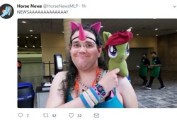 Size: 559x381 | Tagged: safe, oc, oc:miss night star, oc:newsie, human, brony, bronycon, chris chan, clothes, cosplay, costume, horse news, irl, irl human, only the dead can know peace from this evil, photo, plushie