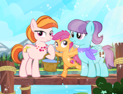 Size: 1000x769 | Tagged: safe, artist:pixelkitties, aunt holiday, auntie lofty, scootaloo, earth pony, pegasus, pony, artist interpretation, ascot, aunt and niece, basket, couple, cute, cutie mark, family, female, filly, lesbian, lofty day, pier, ponyville mysteries, riddle of the rusty horseshoe, scootalove, shipping, smiling, the cmc's cutie marks, water