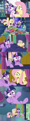 Size: 852x3359 | Tagged: safe, screencap, fluttershy, spike, twilight sparkle, twilight sparkle (alicorn), alicorn, dragon, pegasus, pony, a health of information, book, book nest, faic, hat, saddle bag, surprised