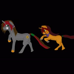 Size: 2289x2289 | Tagged: safe, artist:anonymous, oc, oc only, oc:rem move, oc:vlad move, pony, unicorn, /mlpol/, bandage, bow, bowtie, clothes, duo, female, filly, male, mare, ponytail, shoes, siblings, stallion