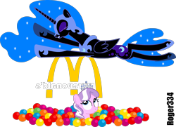 Size: 2979x2156 | Tagged: safe, artist:roger334, diamond tiara, nightmare moon, alicorn, earth pony, pony, ball pit, jumping, mcdonald's, simple background, transparent background