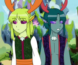 Size: 1684x1400 | Tagged: safe, artist:fantasygerard2000, pharynx, thorax, changedling, changeling, human, brothers, clothes, elf ears, horned humanization, humanized, king thorax, male, prince pharynx