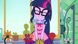 Size: 1280x720 | Tagged: safe, screencap, sci-twi, twilight sparkle, better together, equestria girls, my little shop of horrors, apron, cactus, clothes, cute, eyes closed, flower, gloves, plant, room to grow, smiling, solo, twiabetes