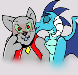 Size: 728x700 | Tagged: safe, artist:klondike, princess ember, rover, diamond dog, dragon, pony, crack shipping, embrover, female, heart eyes, kiss on the cheek, kissing, male, shipping, simple background, straight, wingding eyes