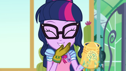 Size: 1280x720 | Tagged: safe, screencap, sci-twi, twilight sparkle, better together, equestria girls, my little shop of horrors, ^^, apron, bowtie, cute, eyes closed, female, giggling, glasses, gloves, grin, smiling, solo, twiabetes, watering can