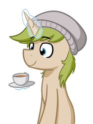 Size: 700x930 | Tagged: safe, artist:alexi148, oc, oc only, oc:rev, unicorn, cup, food, levitation, magic, male, saucer, solo, stallion, tea, teacup, telekinesis